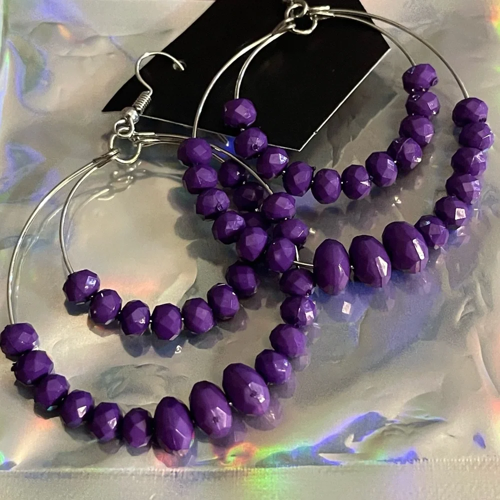 New Handmade Faceted Sterling Silver Purple Bead Bottom 2 Layer Hoop Earrings